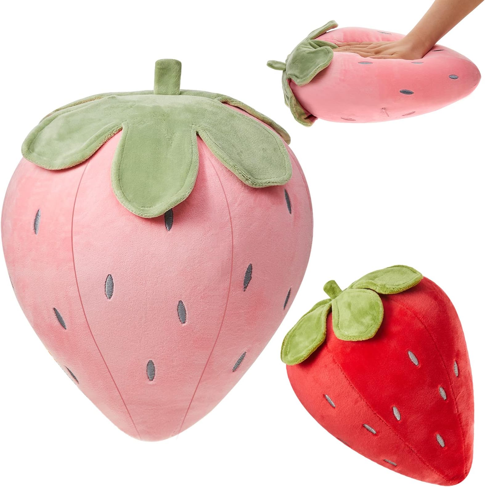 Juexica 2 Pcs Strawberry Pillow 15.7 Inch 9.8 Inch, Fruit Plush Pillow, Soft Kawaii Strawberry Bedroom Decor, Birthday Gifts for Women, Aesthetic Cute Berry Decor(Red，Pink)