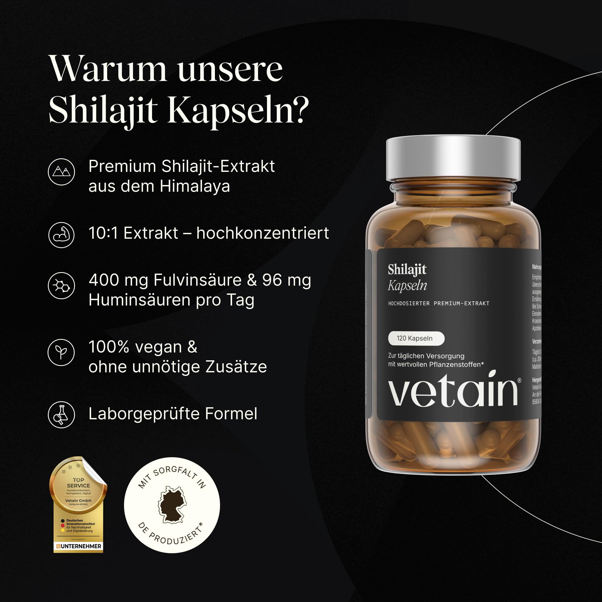 VETAIN Original Himalaya Shilajit - 800 mg - 50% Fulvinsäure & 12% Huminsäure - 120 Kapseln aus Shilajit Extrakt - Hochdosiert, vegan & ohne Zusätze – laborgeprüft & produziert in Deutschland