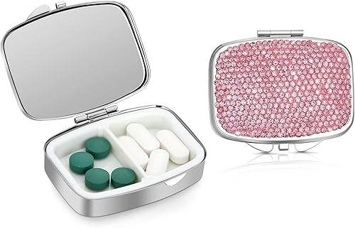 Soleebee Pastillero de cristal brillante, portátil con 2 compartimentos, organizador diario de píldoras, pequeño estuche de viaje para bolso o