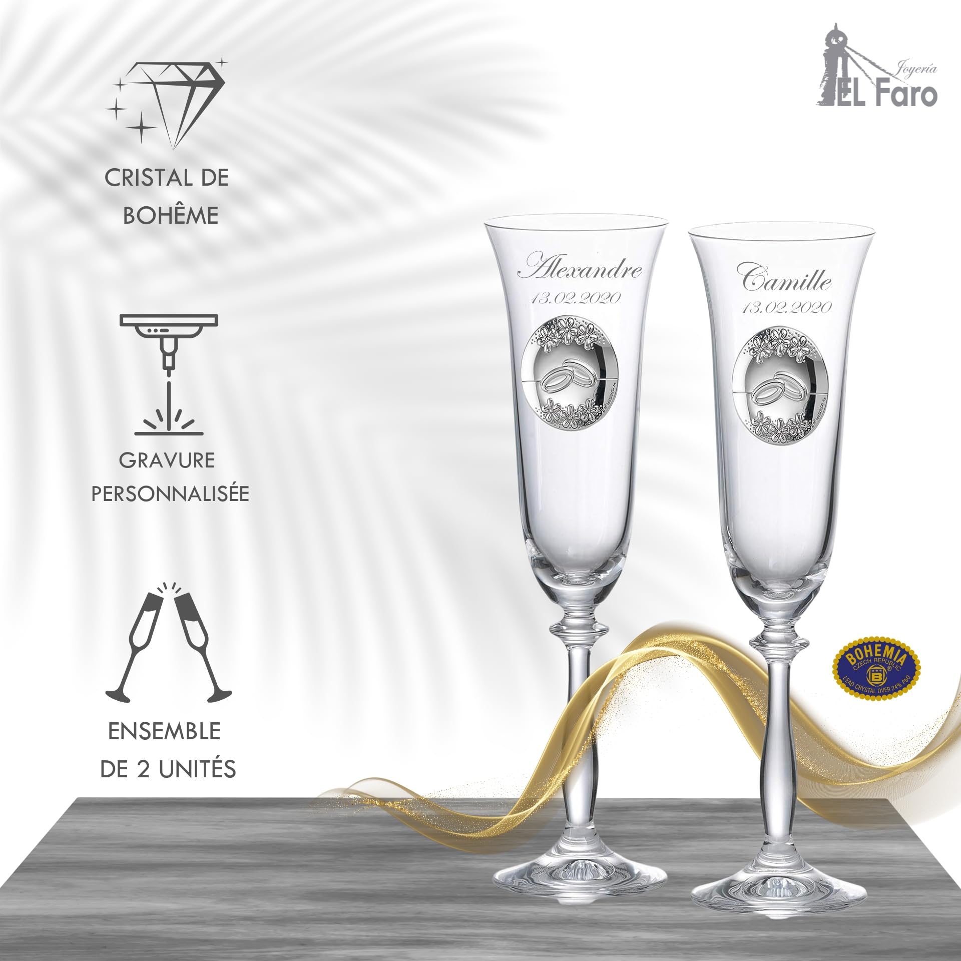 JOYERÍA EL FARO Flûtes Personnalisées pour Mariés | Gravées avec prénoms, Cristal de Bohême haute résistance, Coffret premium inclus