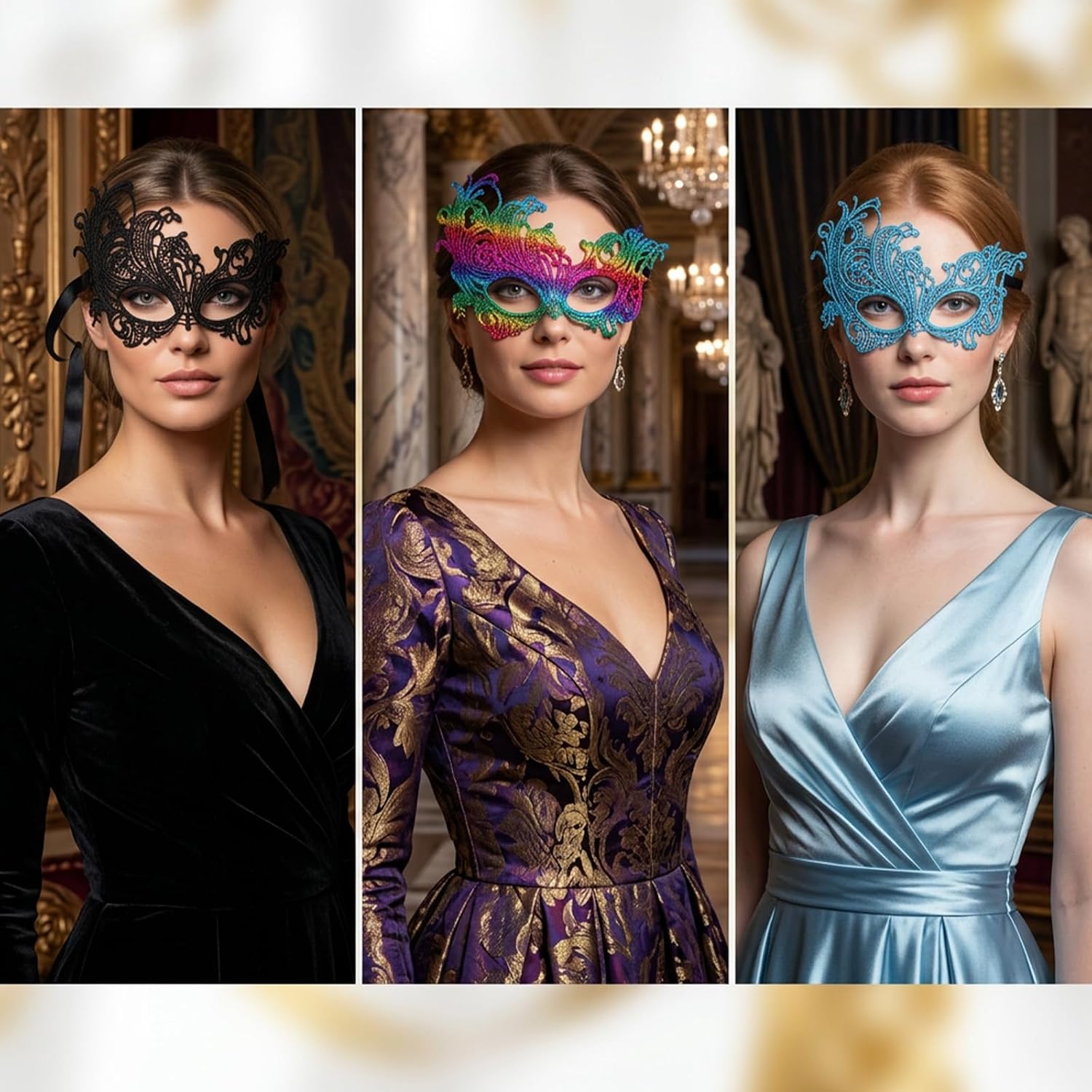 6pcs Halloween Masquerade Mask Set For Women,Lace Masks,Mardi Gras Mask