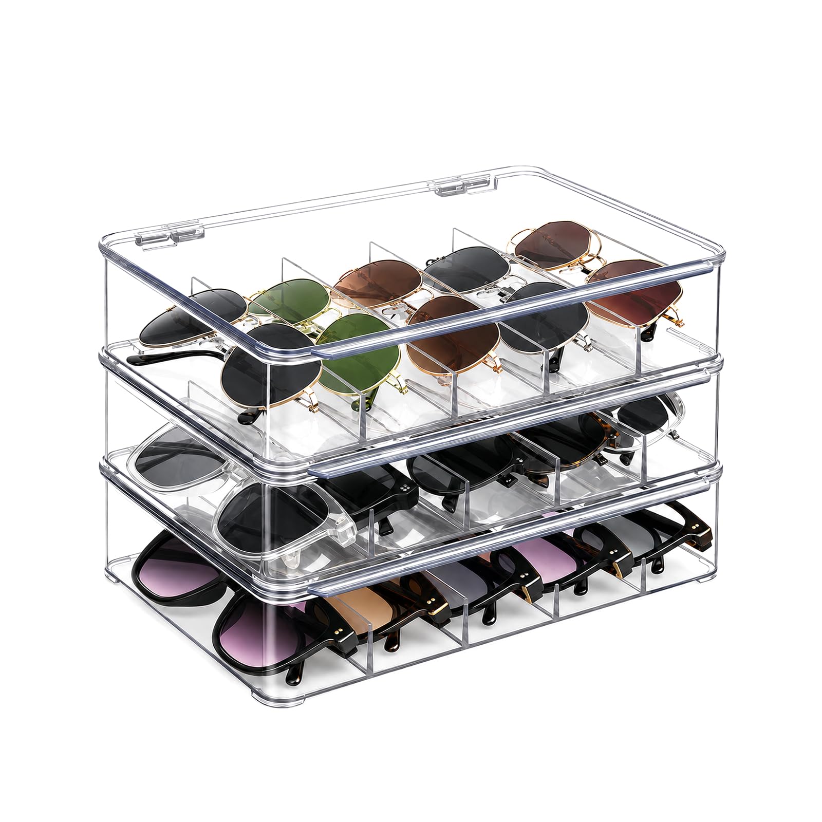 3 Acrílico Organizador de Gafas de Sol Capacidad para Guardar Varias Gafas - Caja para Gafas 5 Cuadrículas con Tapa Transparente - Apilable Guarda Gafas Organizador para Almacenamiento Joyas