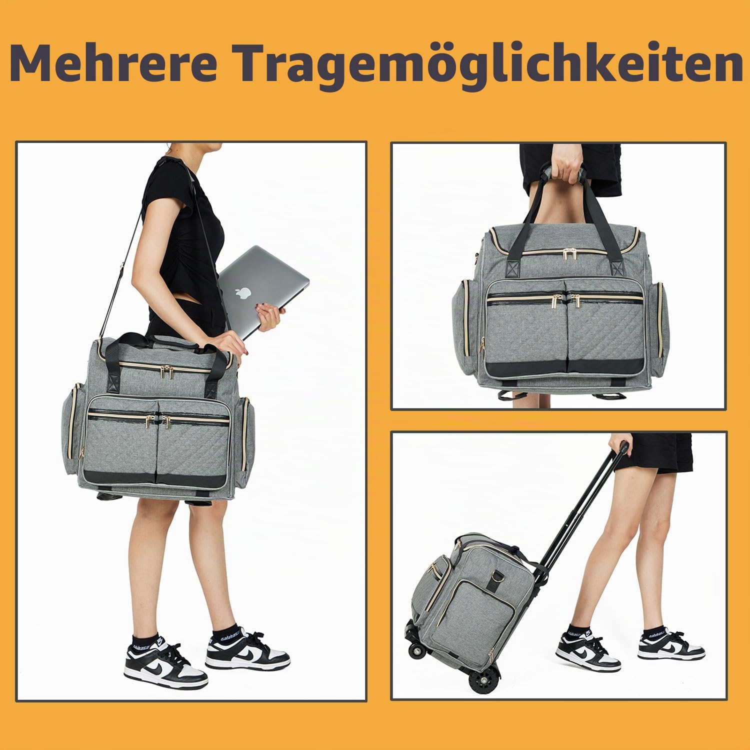 Arxus Lehrertasche Trolley mit 4 Rollen - Kunst Tragetasche für Damen mit Abnehmbarem Rollwagen, Robuste Aktentasche mit Gepolsterten Taschen für 15,6 Zoll Laptop und Lehrerbedarf, Grau