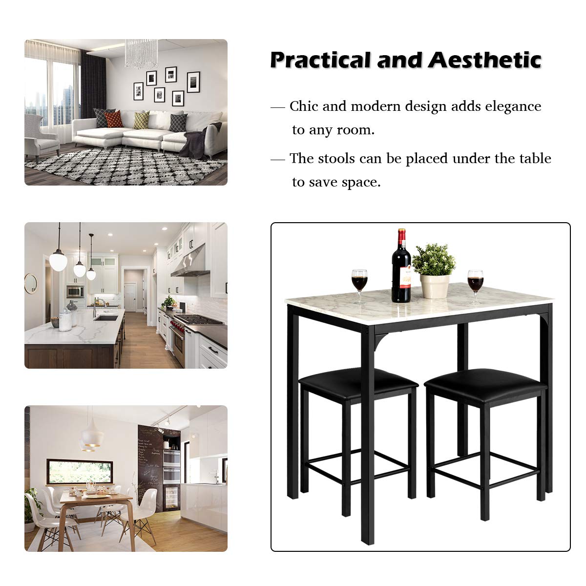 GIANTEX Tavolo alto da cucina e 2 sgabelli, set di 3 pezzi di sala da pranzo per 2 persone, tavolo bar cucina moderno e compatto in finitura finto marmo, mangia in piedi per bistrò, soggiorno (bianco)