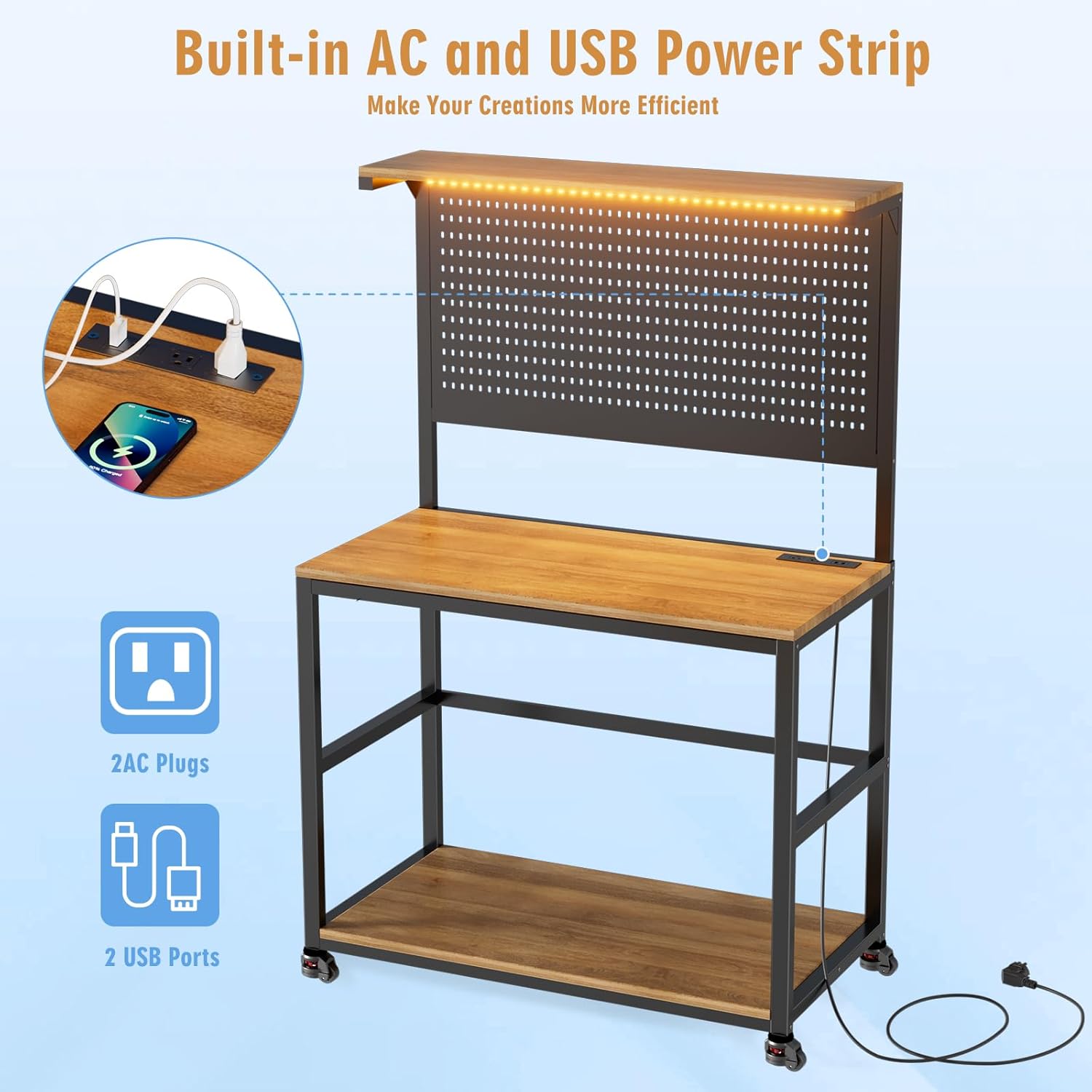 3D Printer Stand with Filament Storage Workstation, Large Mobile 3D Printer Workbench with AC/USB Power Hub and LED Lights, Heavy Duty Printer Desk with Pegboard for Studio Garage,Brown,Big