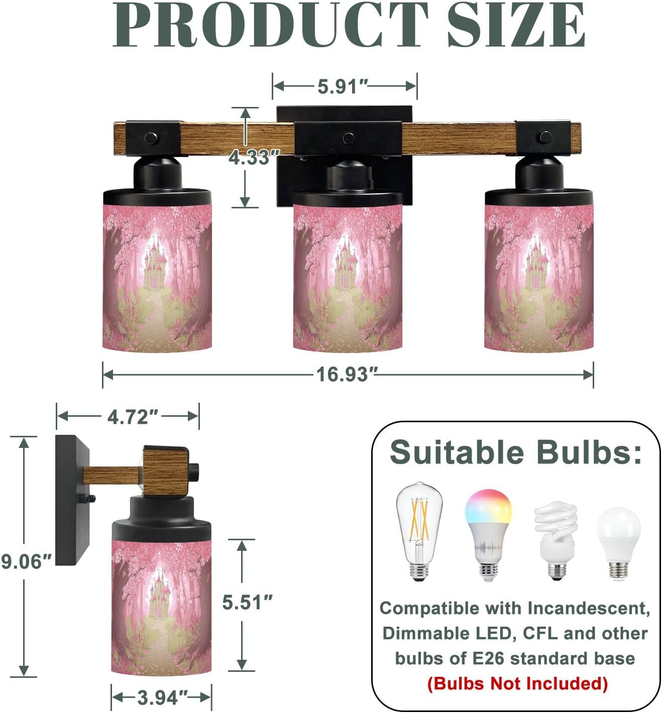 Bathroom Light Fixture, Modern Fantasy Landscape Magic Fairy Tale Princess Castle 3-Light Vanity Lights with Clear Glass Shade, Wall Sconces for Mirror, Living Room, Hallway