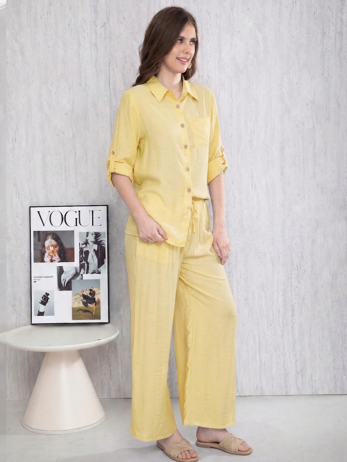 Adigaber Chándal de Manga Larga para Mujer Camisa con Botones y Holgado Cintura Alta Pierna Ancha Cordón Pantalones con Bolsillos