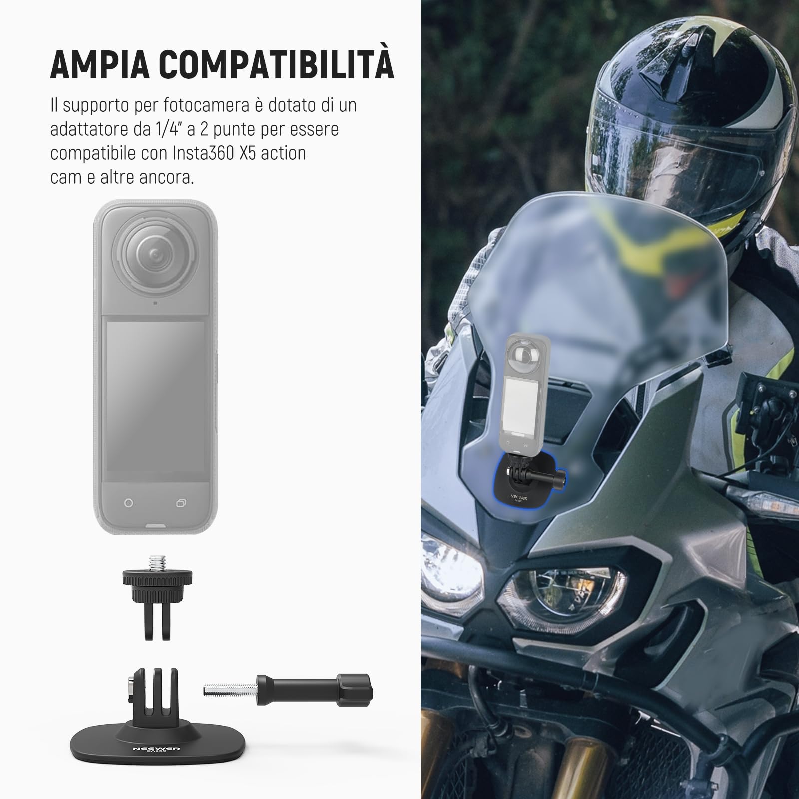 NEEWER Supporto Adesivo da 2pz Compatibile con Insta 360 GoPro DJI AKASO Action Camera, Base Attacco Casco Auto Flessibile a 180° per Riprese Video POV Live Streaming, per Accessori da 1/4", CA159