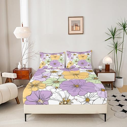 Miniatura 2 de Groovy - Juego de sábanas de flores retro para niños, niñas, adolescentes, decoración de habitación de los años 70, diseño de flores hippie bohemio,