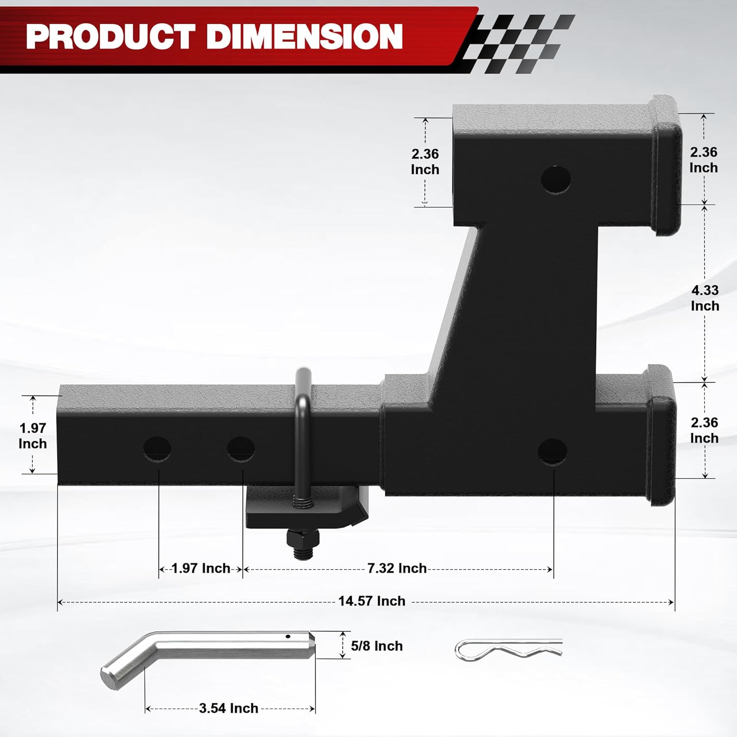 Dual Trailer Hitch Extension 2 Inch - Towing & Bike Rack Extender with Adjustable Length 7.3" - 9.3", Anti Rattle Kit, Hitch Pin & Clip, 5000 lbs Load, Matte Black