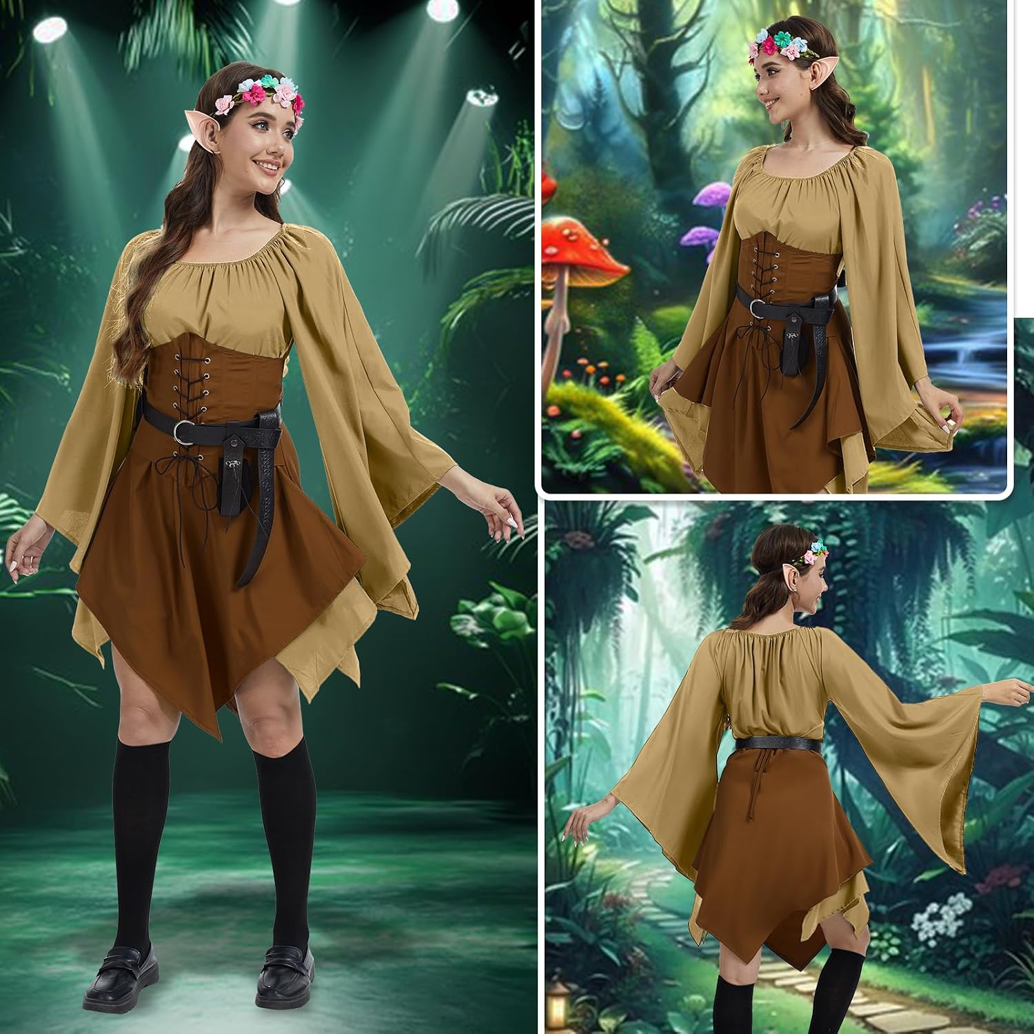 7PCS Women Elf Costume Renaissance Dresses Halloween Medieval Irish Dress Fairy Costume