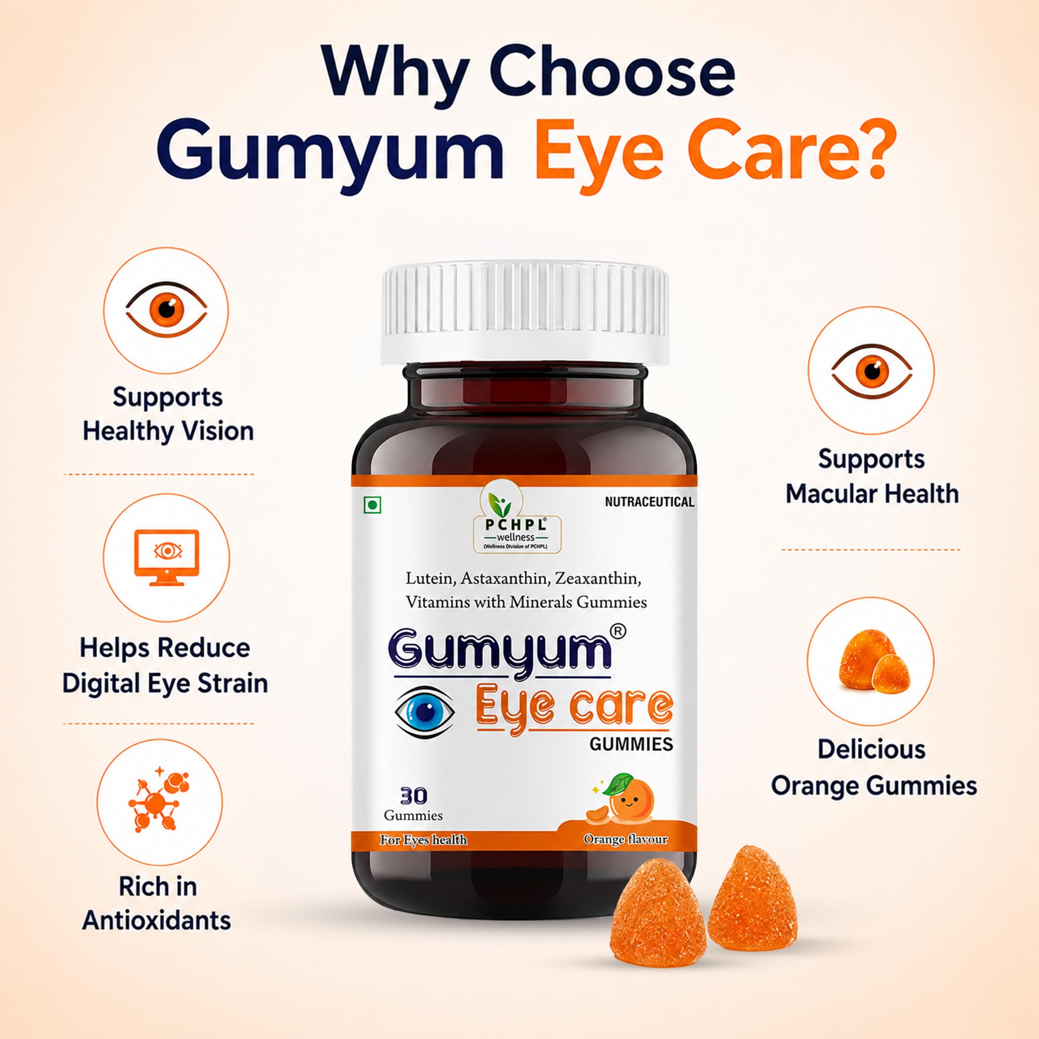 PCHPL wellness Gumyum Eye Care Gummies - Lutein, Astaxanthin, Zeaxanthin, Vitamins C & E, Zinc, Copper | Protects Against Blue Light, Relieves Eye Dryness | 30 Orange Gummies 2