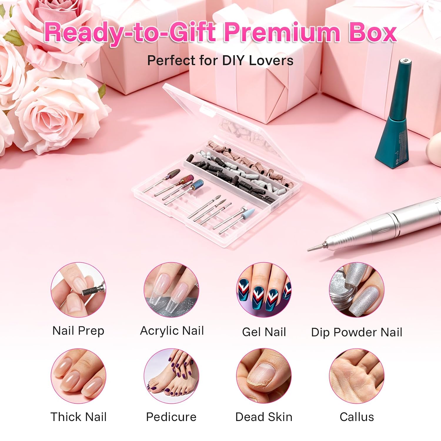 BQAN Complete Nail Drill Bit Set with Carbide & Diamond Bits, Mini Sanding Bands, Professional E File Accessories for Acrylic Gel Nails, Cuticle Care, Nail Prep & Polish Removal