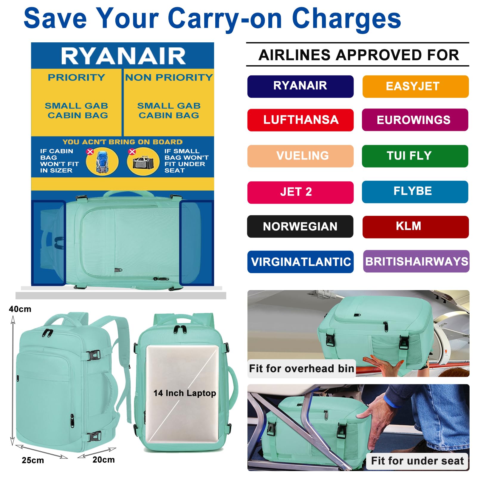 Zaino per Ryanair 40x20x25 Zaino da Viaggio Aereo Bagaglio a Mano Borsa da Cabina Borse Valigia Zaini Casual Donna per Wizzair 14 Pollici Zaino Porta PC per Scuola Lavoro,Verde