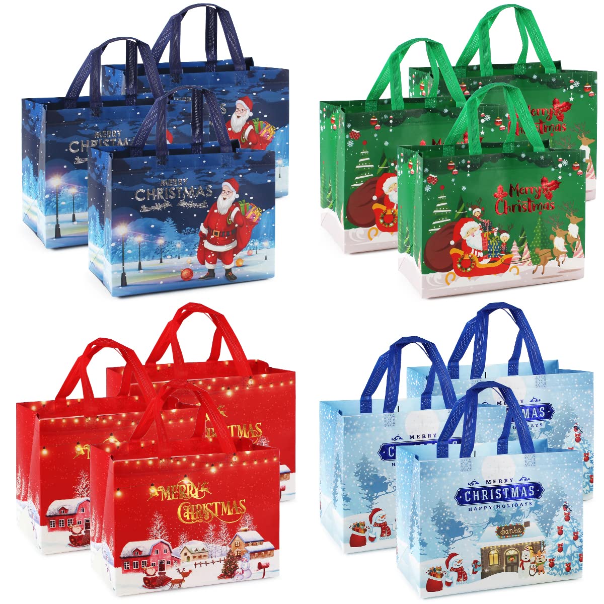 PARSUP 12PCS Christmas Gift Bags, Bronzing Treat Tote Multifunctional Non-Woven Bags with Handles for Gifts Wrapping Shopping, Xmas Party Supplies,