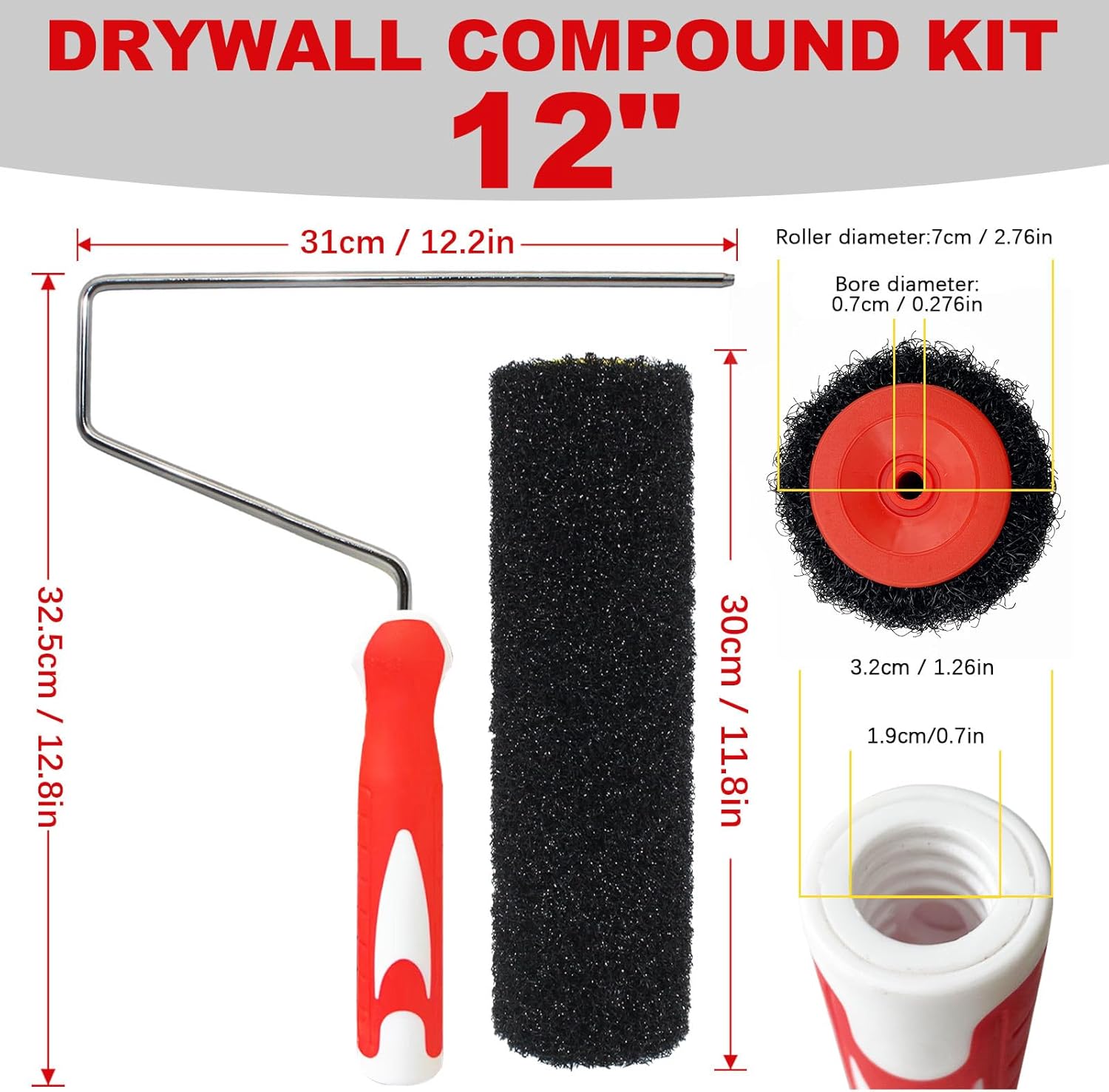 2 Pcs 12 Inch Drywall Compound Roller Cover with 1 Pcs Paint Roller Frame, Drywall Texture Roller Brush for Covering Wall and Ceiling Surfaces