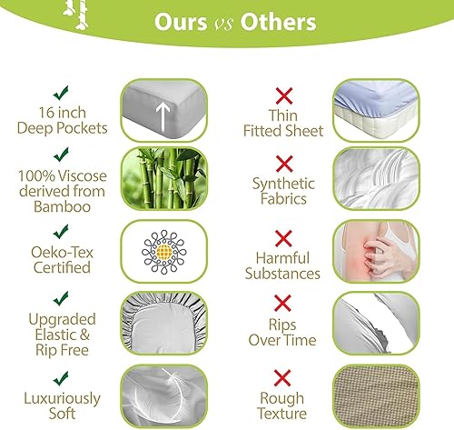Vista 48 de BAMPURE - Juego de sábanas de 100 % viscosa de bambú, refrescantes, suaves, bolsillo profundo de hasta 16 pulgadas, 1 sábana encimera, 1 sábana Gris