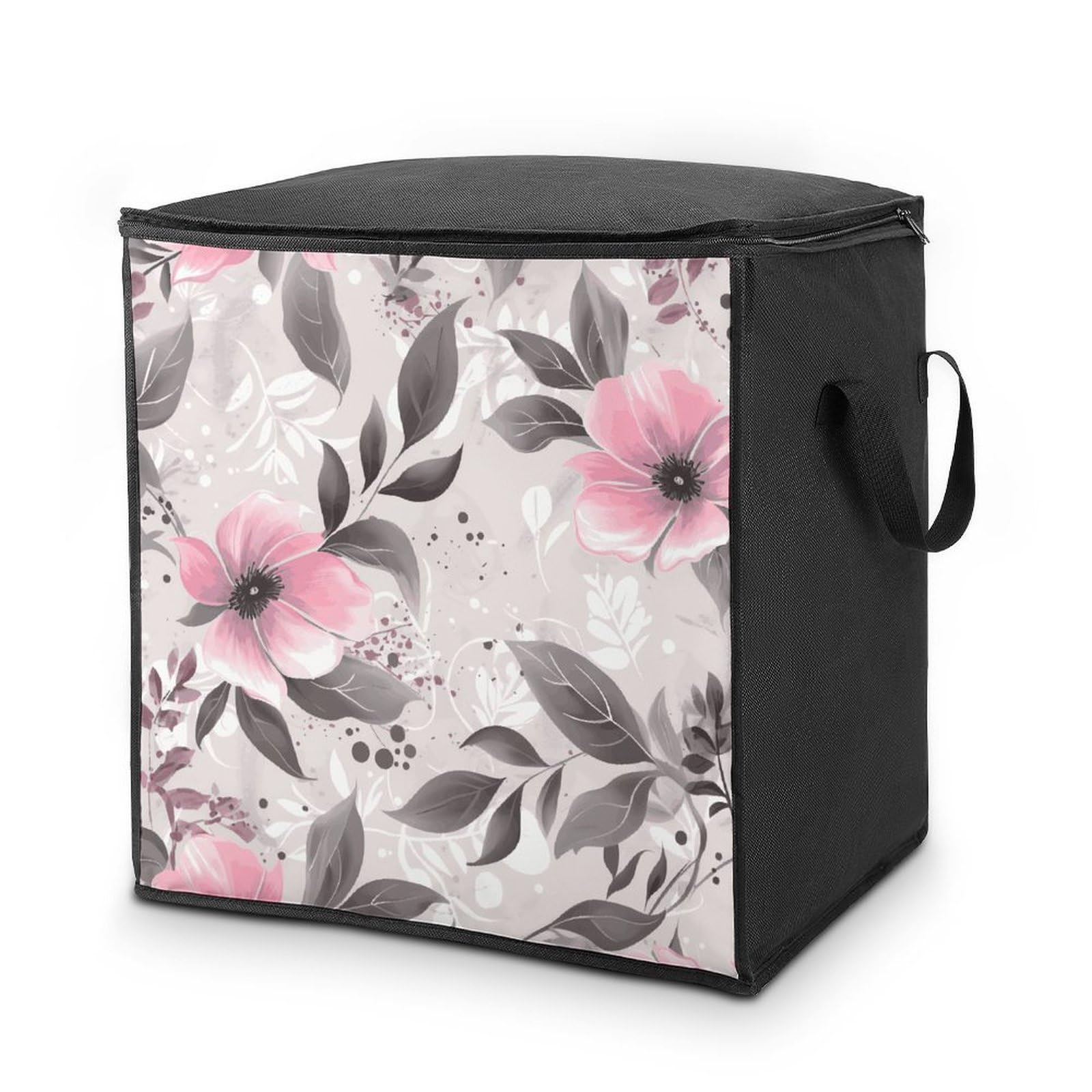 Pink Flowers And Leaves on Gray Storage Bag with Zippers And Handle Extra Large Bedding Comforter Storage Bag Foldable Blanket Storage Bags Fabric Moving Bags for Closet Organizer (70L)