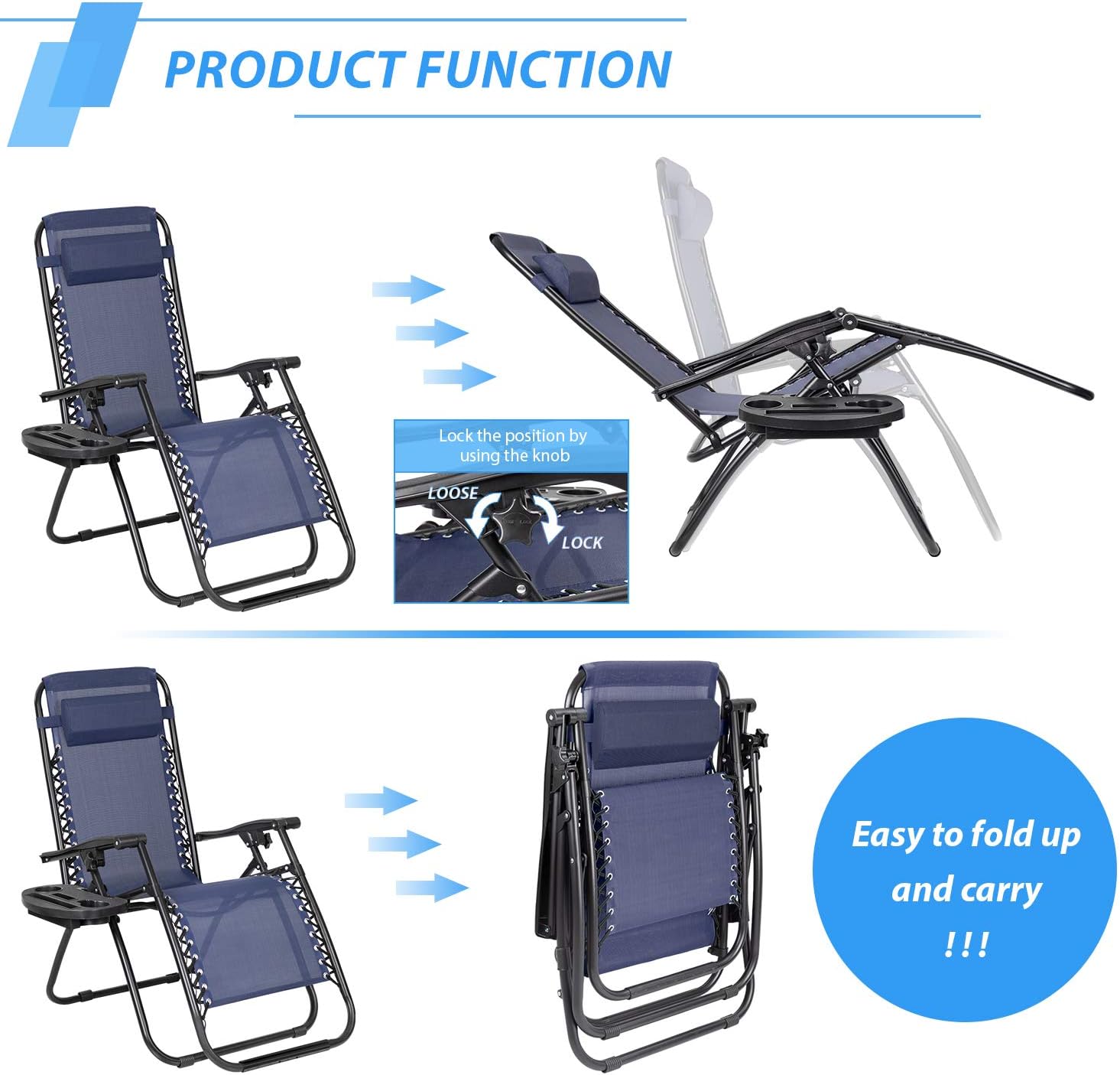 JUMMICO Zero Gravity Chair Patio Outdoor Adjustable Reclining Folding Chair Lawn Lounge Chair for Deck Beach Yard and Beach with Pillows Set of 2 (Dark Blue) : Patio, Lawn & Garden
