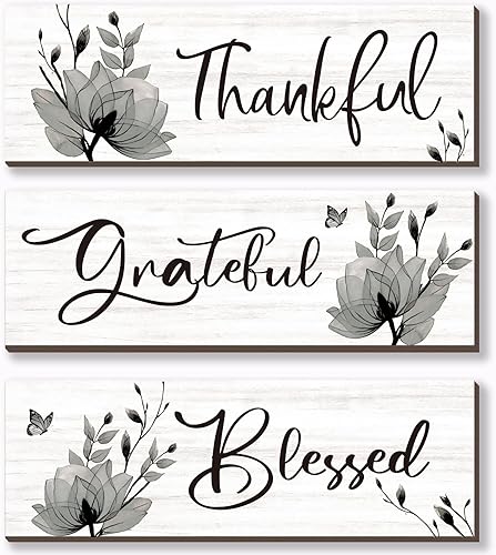 ONIZHITY Juego de 3 decoraciones negras para baño, decoración de pared negra, decoración rústica de color negro con palabras inspiradoras Thankful