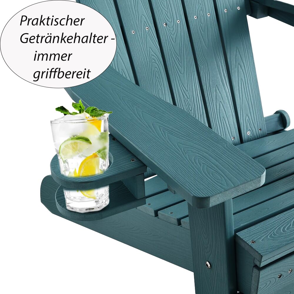 Ogarden Adirondack Loungesessel Arizona, Mit Fußschemel, Getränkehalter, HIPS Kunststoff, Holz-Optik - für Balkon, Terrasse, Rasen, Kamin (Grün)
