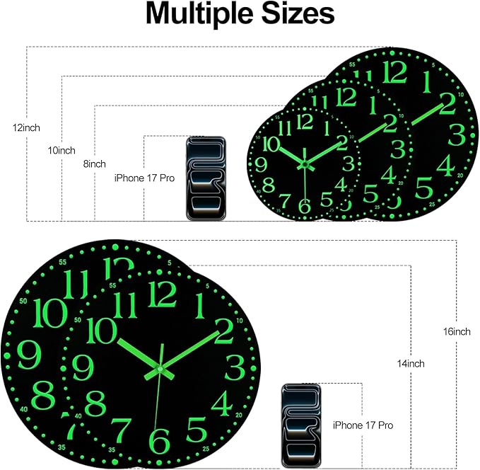 Reloj de Pared JoFomp 12 pulgadas Analógico Silencioso Luminiscente Negro miniatura 3