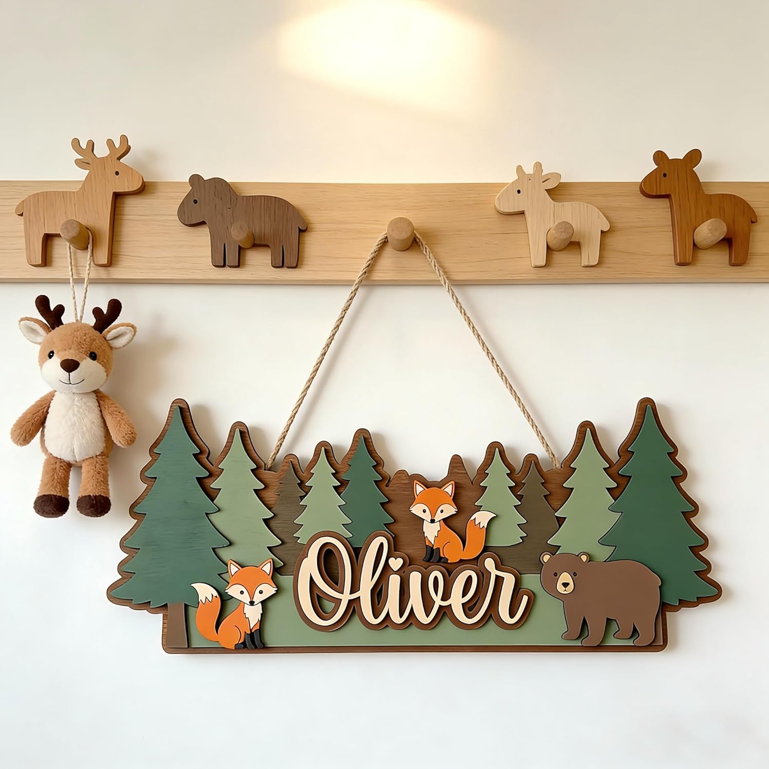 Personalized Kids Name Sign Wooden Forest Animal Wall Decor, Custom Baby Name Door Sign with Fox Bear Trees, Nursery Door Hanger, Woodland Nursery Decor for Baby Boy Girl Room