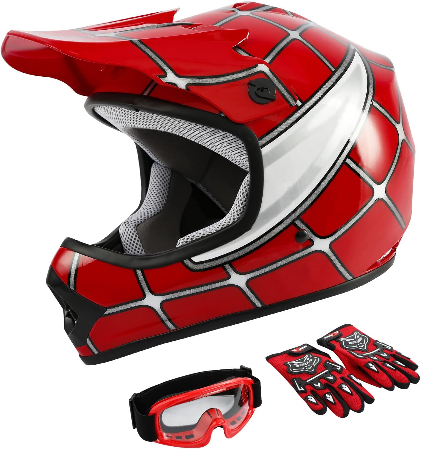 TCMTDot Youth & Kids Motorcycle Off-Road Helmet Full Face Motocross Street Dirt Bike Mountain Bike BMX MX ATV Helmet+Goggles+Gloves