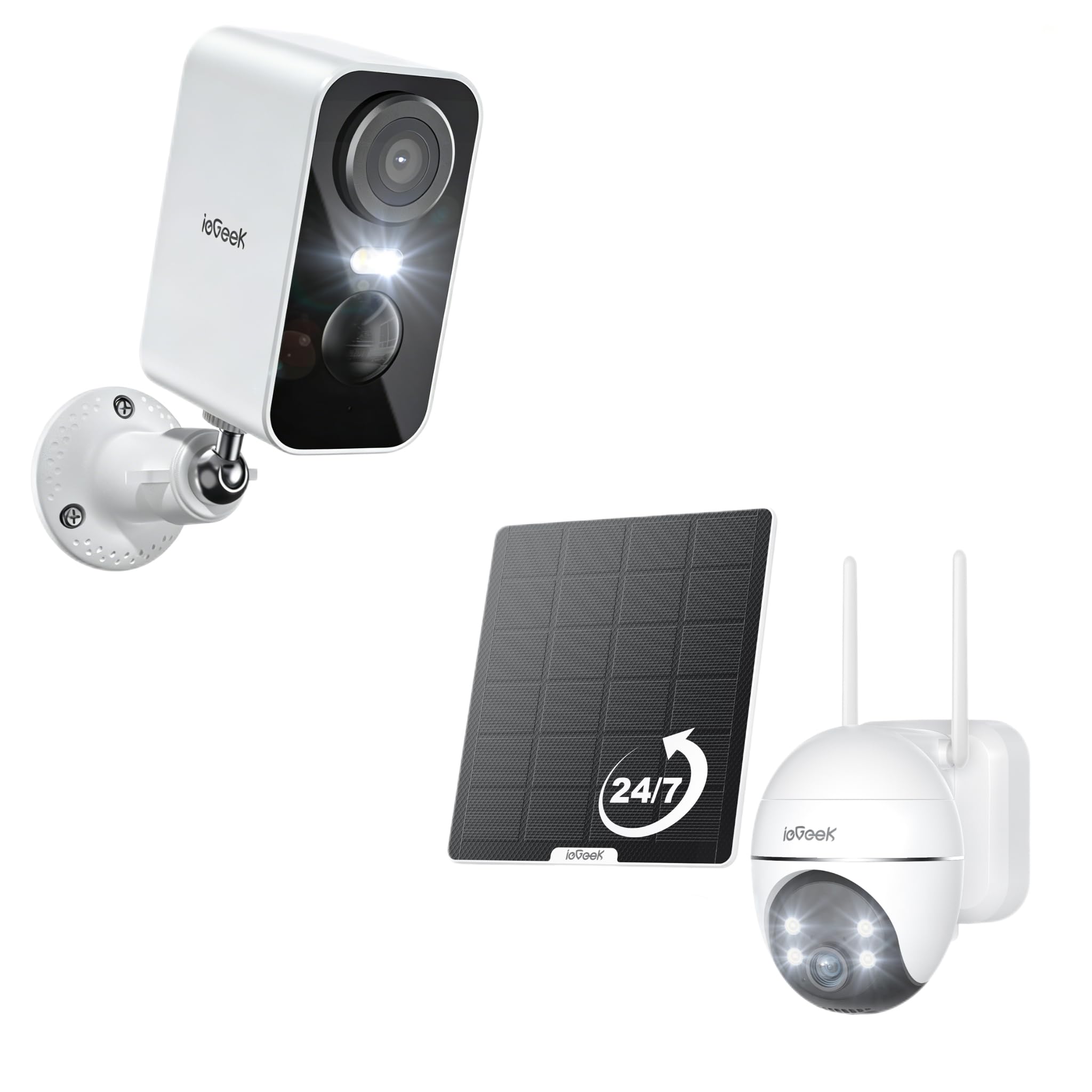 ieGeek Pack 2 Camaras Vigilancia WiFi Exterior 2K sin Cables, Batería Recargable + Camara Solar AOV 24/7, Seguimiento 360°, Detección AI