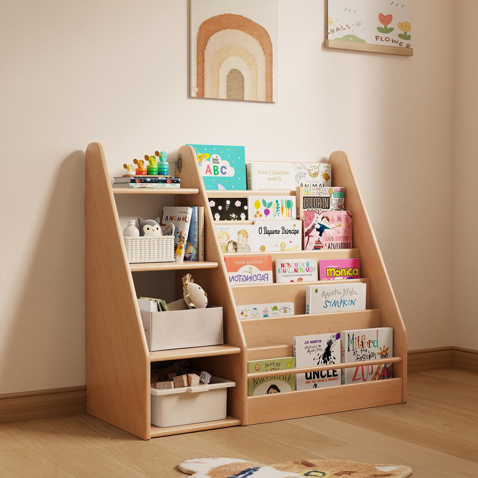 YQJJGL Librería infantil de madera maciza, 7 niveles, madera natural
