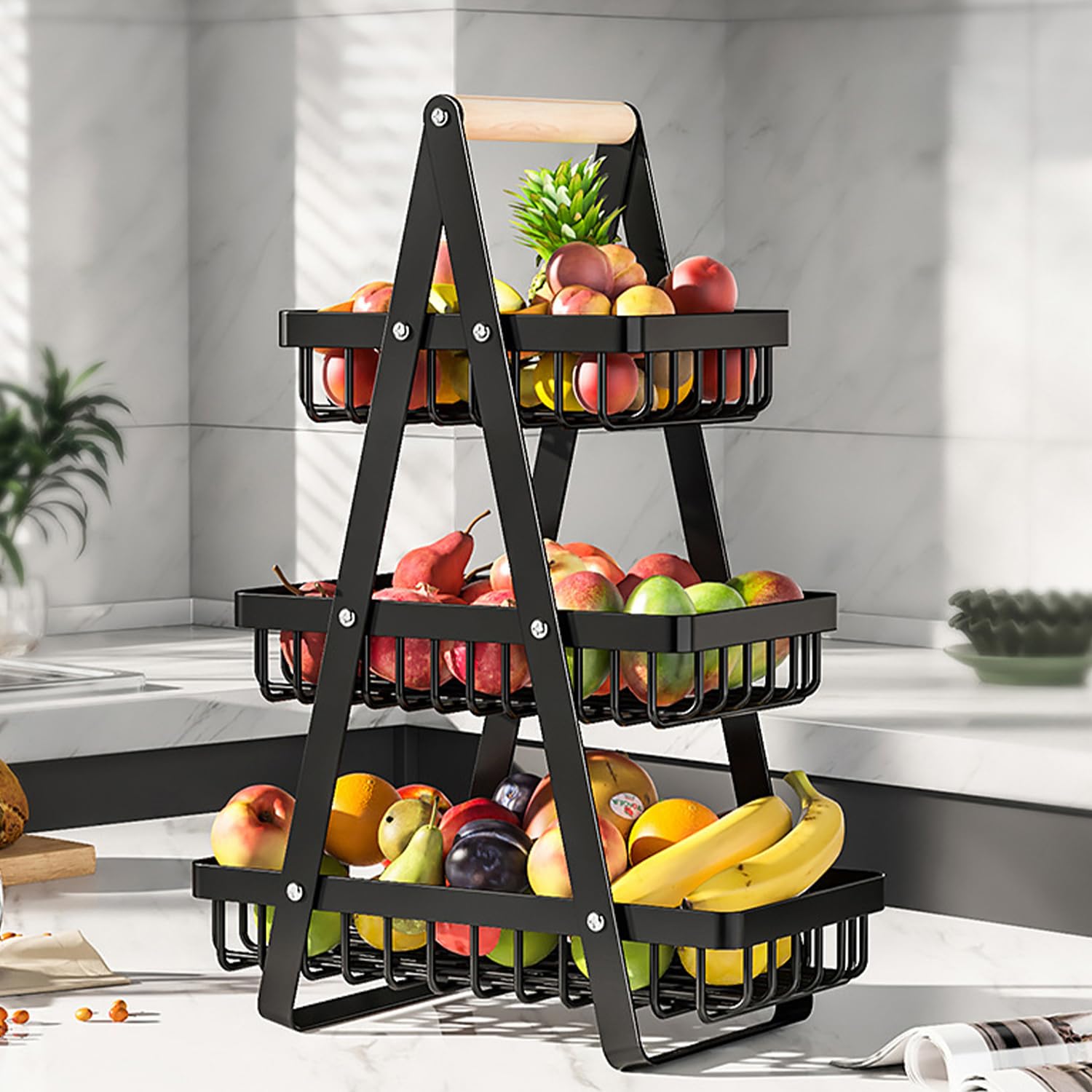 3 Tier Fruit Basket,Vegetable Rack,Bread Basket,Detachable Mesh Fruit Baskets With Wooden Handle,Vegetable Storage Rack For Kitchens Home,Office,Vegetables,Onion,Banana,Potato,Snack Basket(Black)