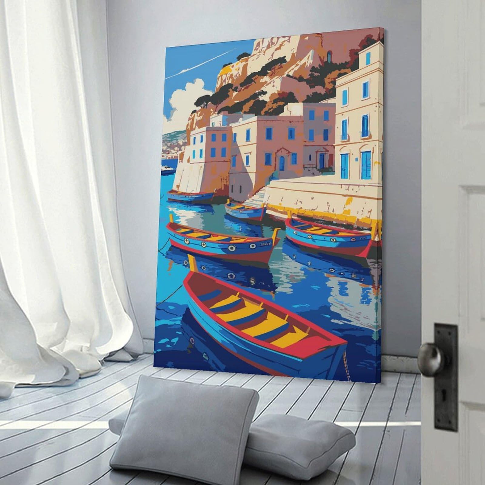 Junmoney Wall Picture Print Coastal Village with Boats Illustration, 20x30inch(50x75cm), for Entrance Walls, Hall Decor Or Foyers, A Neat Decor Update for Hallways