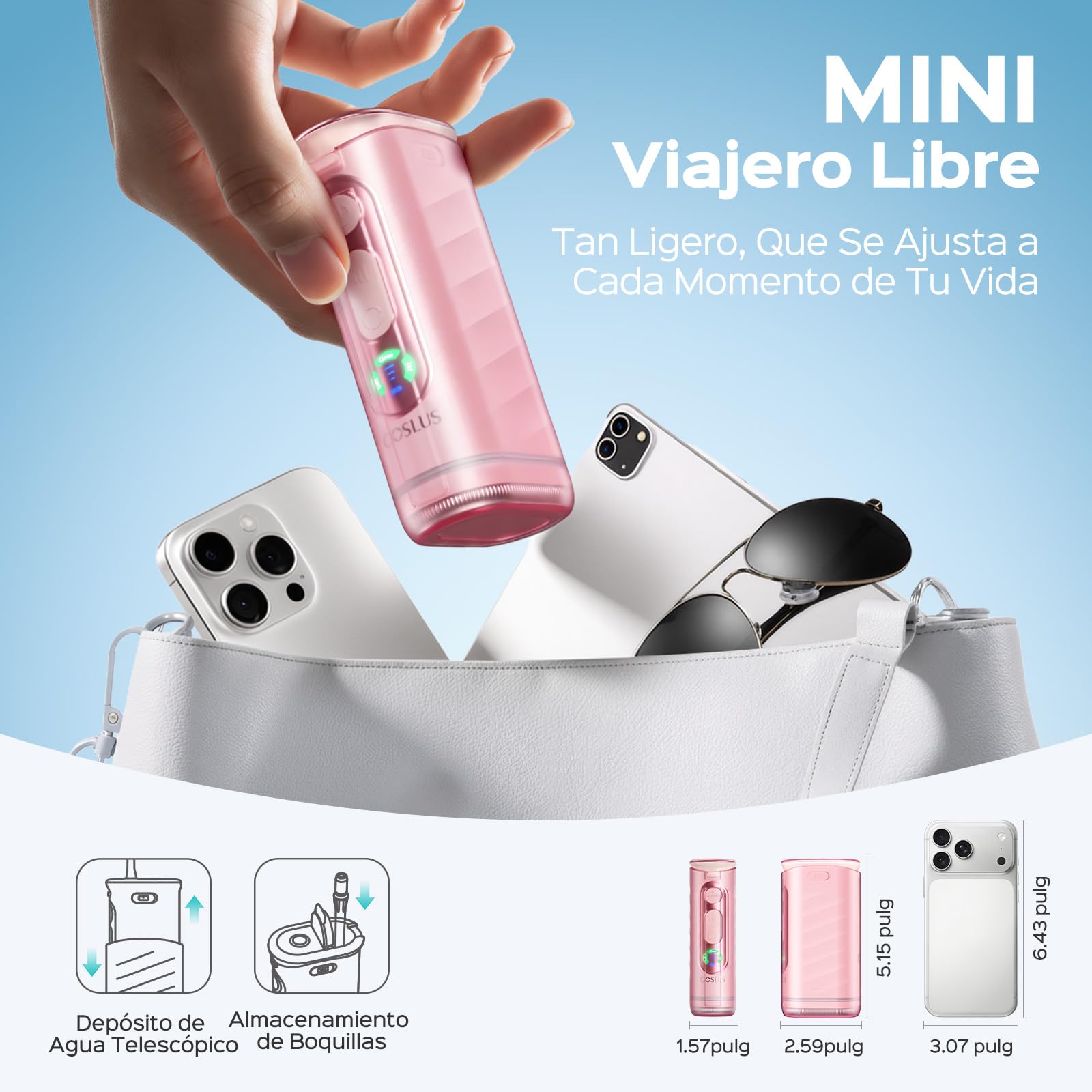 Hydropulseur portable COSLUS pour les voyages : Mini hydropulseur avec réservoir télescopique de 240 ml, noir anthracite, T50
