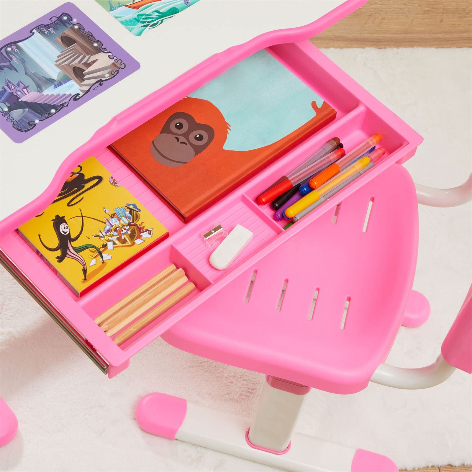Kinderschreibtisch mit Stuhl TUTTO in weiß/rosa höhenverstellbar und neigbar mit Schublade und Stifterinne, Schreibtisch höhenverstellbar für Kinder, Tisch mit neigbarer Arbeitsfläche mit Rucksackhalt