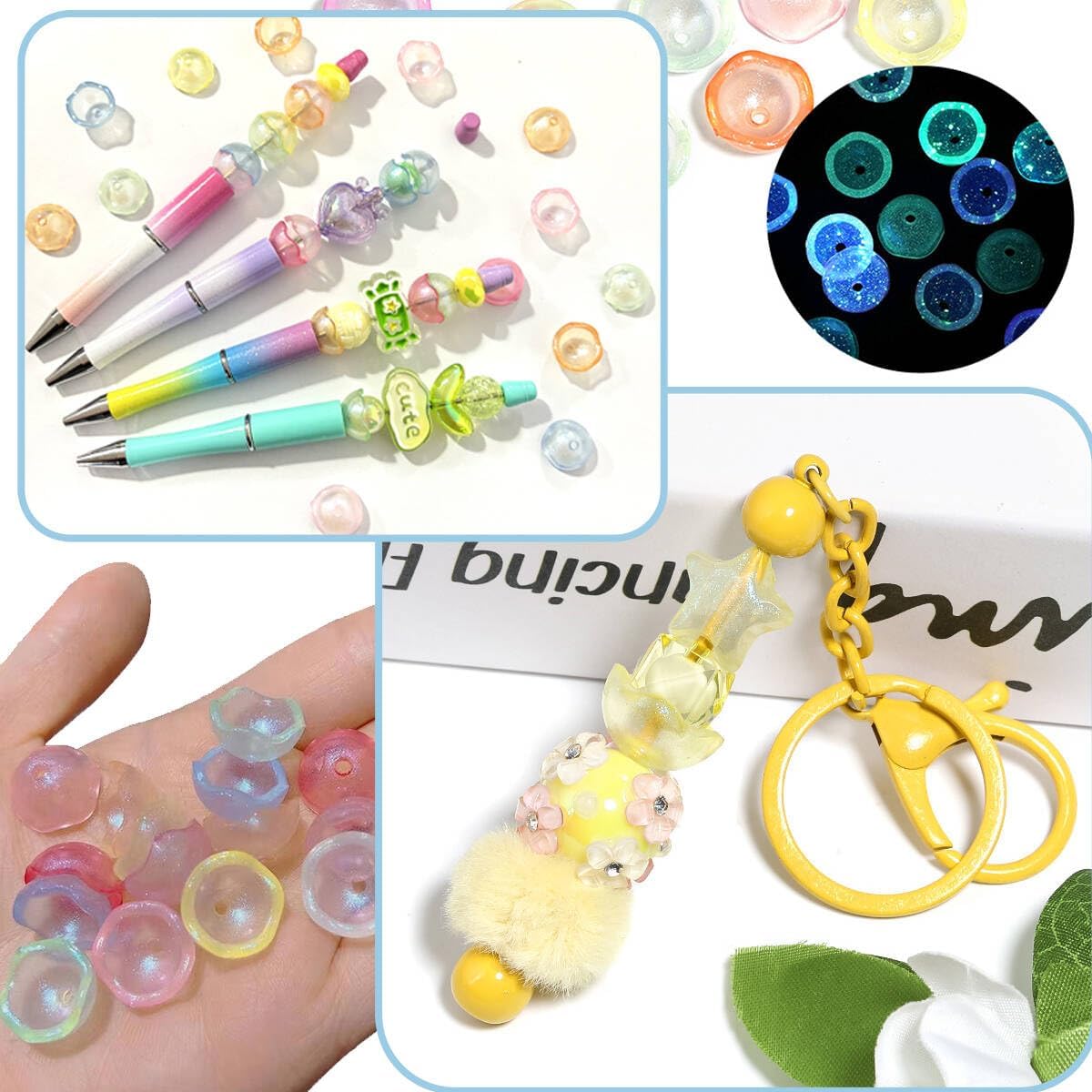 80Pcs Glow in The Dark Flower Bud Beads Acrylic Flower Bead Caps for Jewelry Making Colorful Glitter 8x16mm Half Round Beads with Wavy Edge for Earrings Bracelet Necklace DIY Carft - Image 6