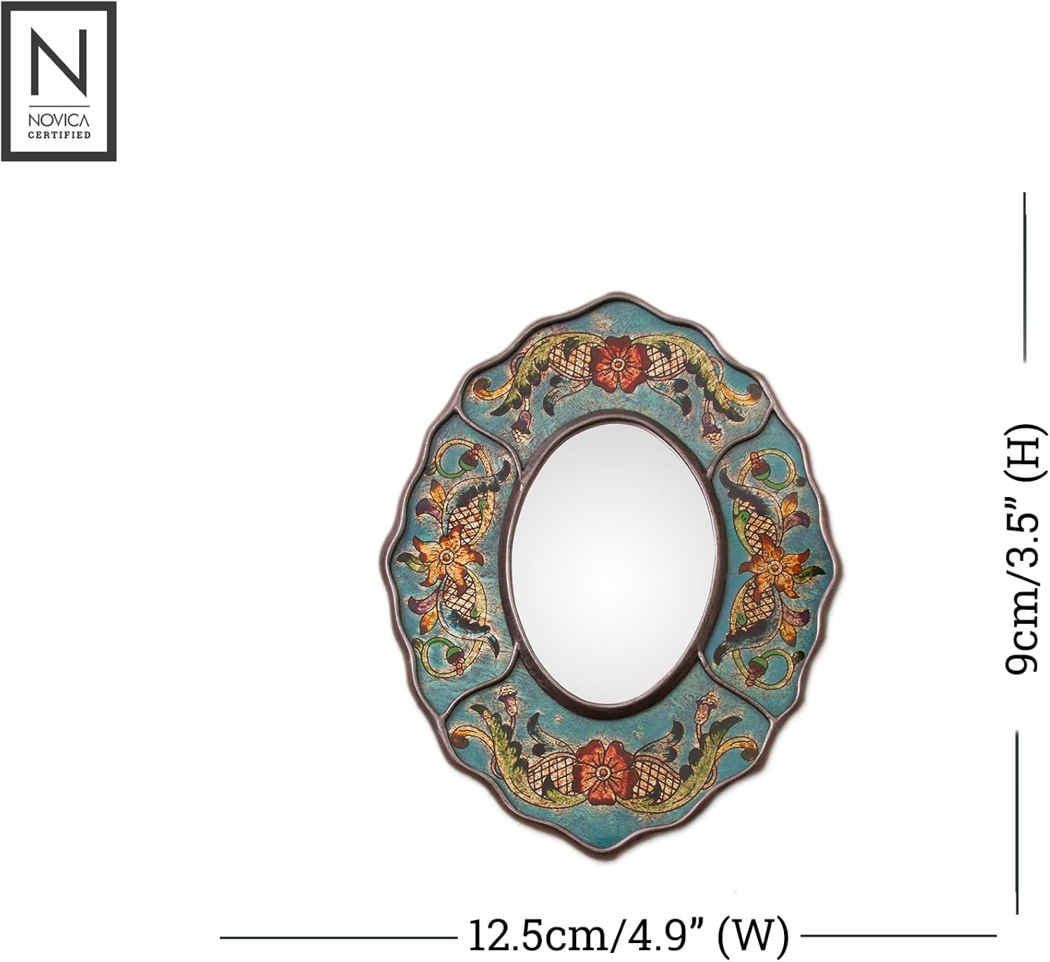NOVICA Handmade Reversepainted Glass Wall Mirror Turquoise Floral from Peru Blue Wood Decor Mirrors 'Turquoise Colonial Wreath'
