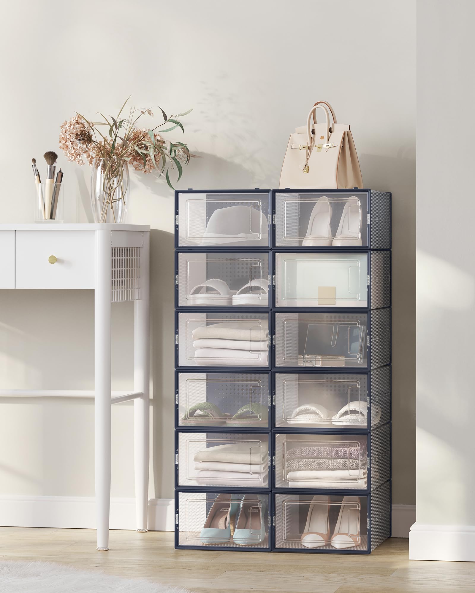 SONGMICS Schoenendozen, set van 12, schoenorganizer van kunststof, opvouwbaar en stapelbaar, voor schoenen tot maat 44, transparant-lauriergroen LSP12SG30
