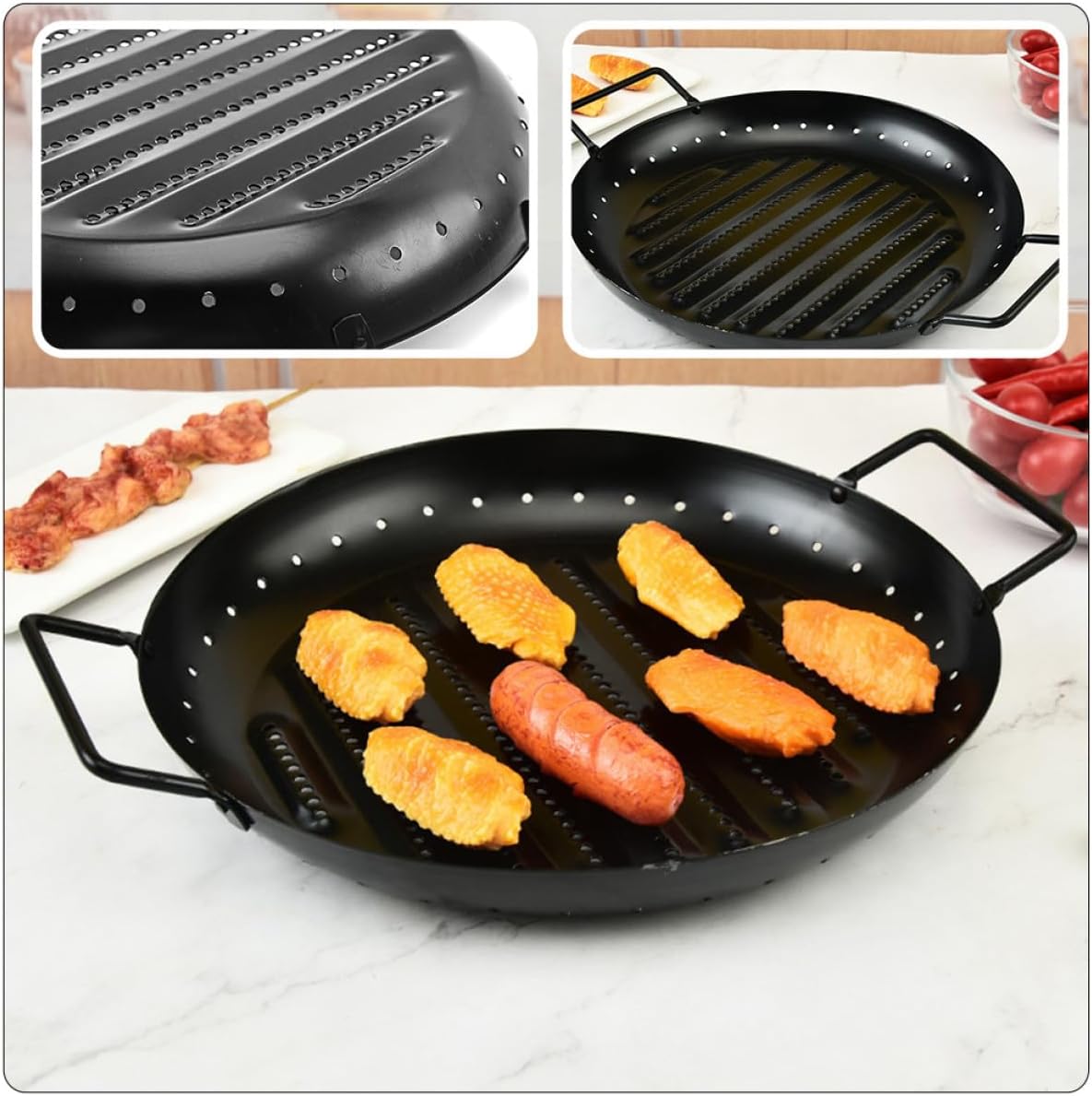 Non-stick Barbecue Tray Grill Pan with Handles, Stainless Steel Portable Meat Roast Pan for Outdoor Cooking and Home Bbq