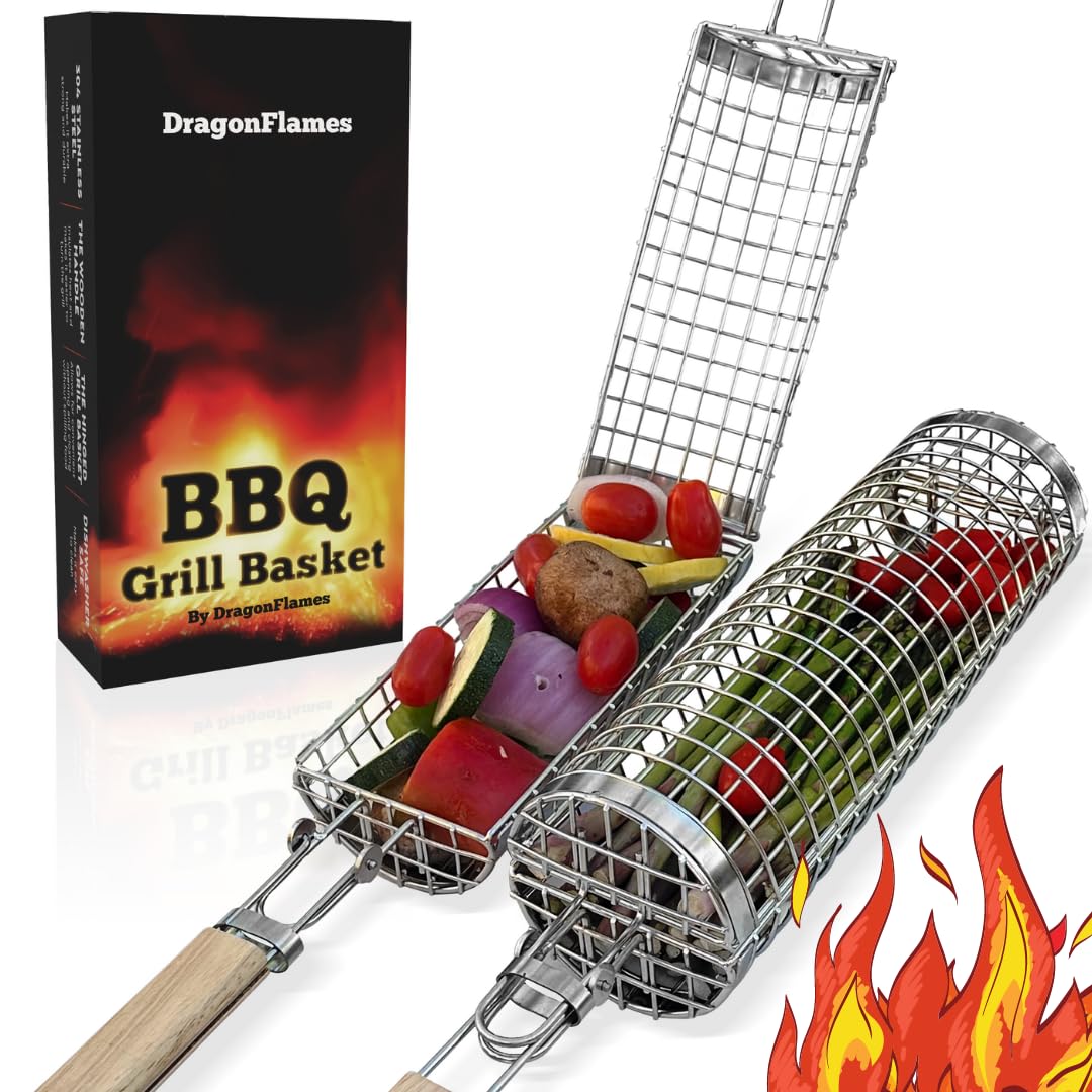 Grill Well 2.0 - Rolling Grill Basket (2 PCs) for Vegetables, Kebob, Shrimp | BBQ Grilling Accessories for Outdoor Cooking & Camping | Perfect Father's Day Gift for Men, Step Dad, Grandpa