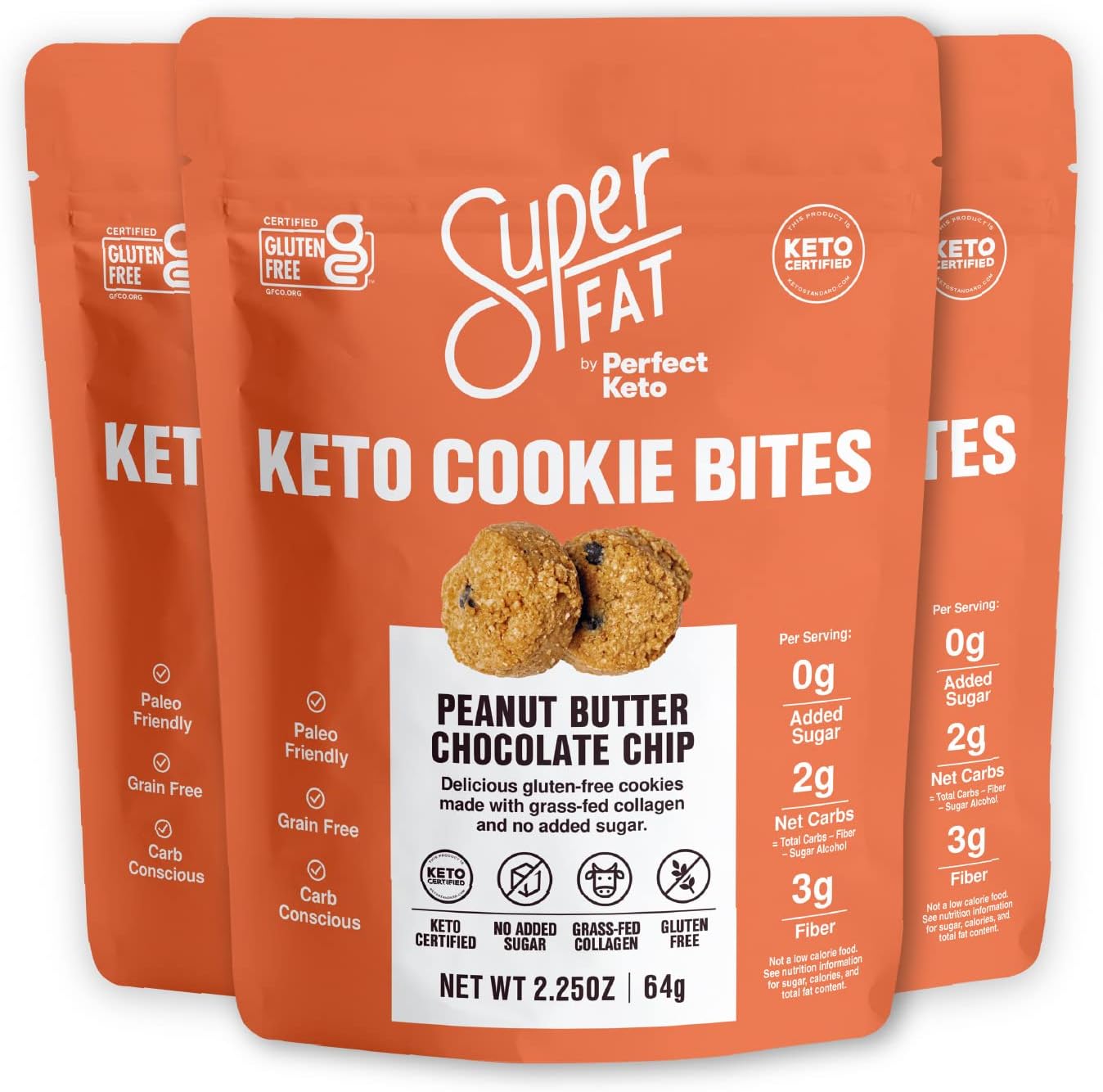 SuperFat Cookies Keto Snack Low Carb Food Cookies - Peanut Butter Chocolate Chip 3 Pack - Gluten Free Dessert Sweets with No Sugar Added for Paleo Healthy Diabetic Diets