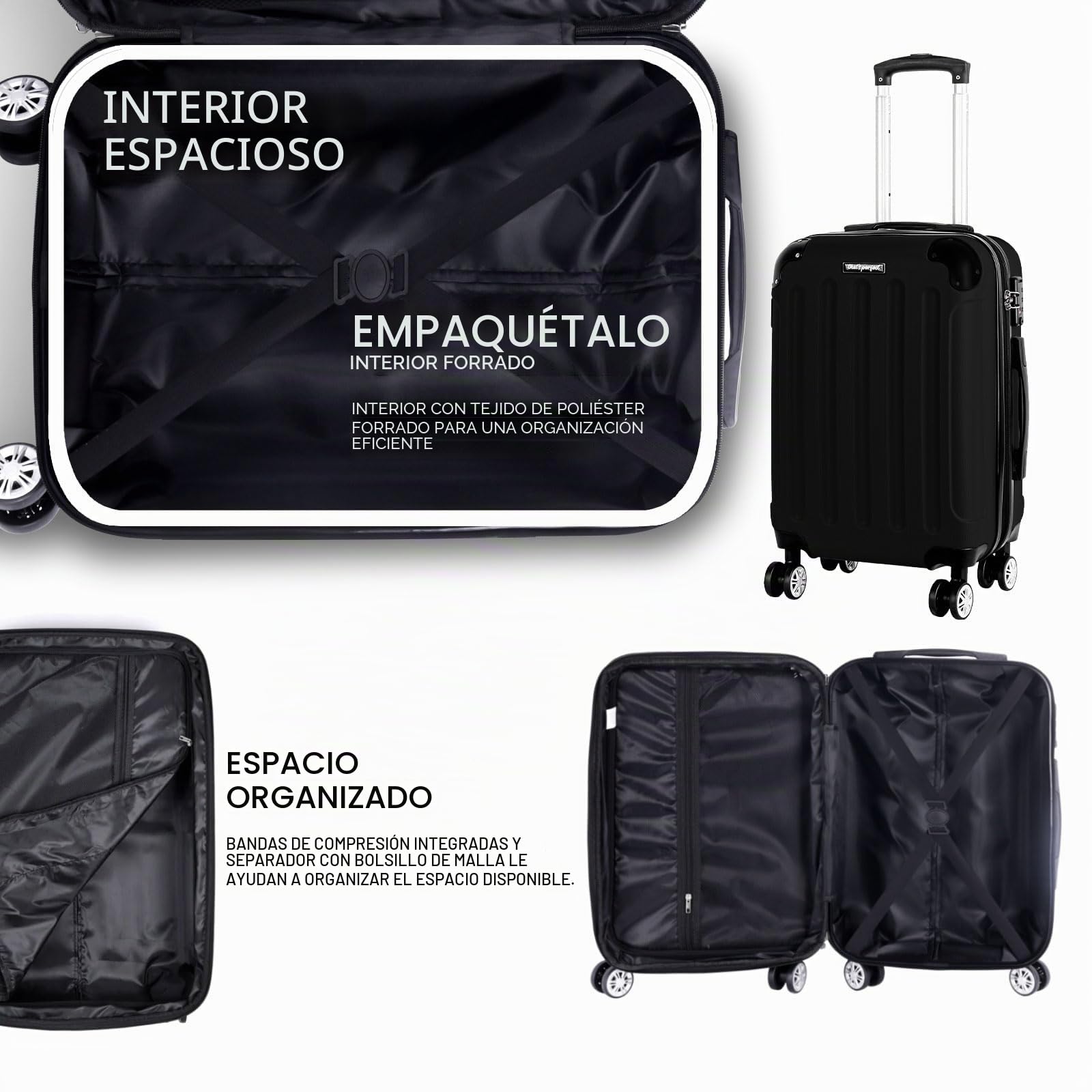 Juego de 3 maletas rígidas de ABS, cerradura TSA, capacidad ampliable - en M, L, XL - protección de esquinas, ruedas dobles giratorias 360° y asa telescópica, aptas para equipaje de mano y apilables