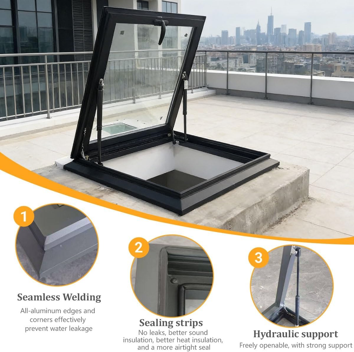 Skylight Roof Window 19.6 Inch, Aluminum Frame Venting Skylight with Double Tempered Glass, Manual Opening Roof Window for Attic Balcony Roof Ventilation(LxW 19.6x19.6in)