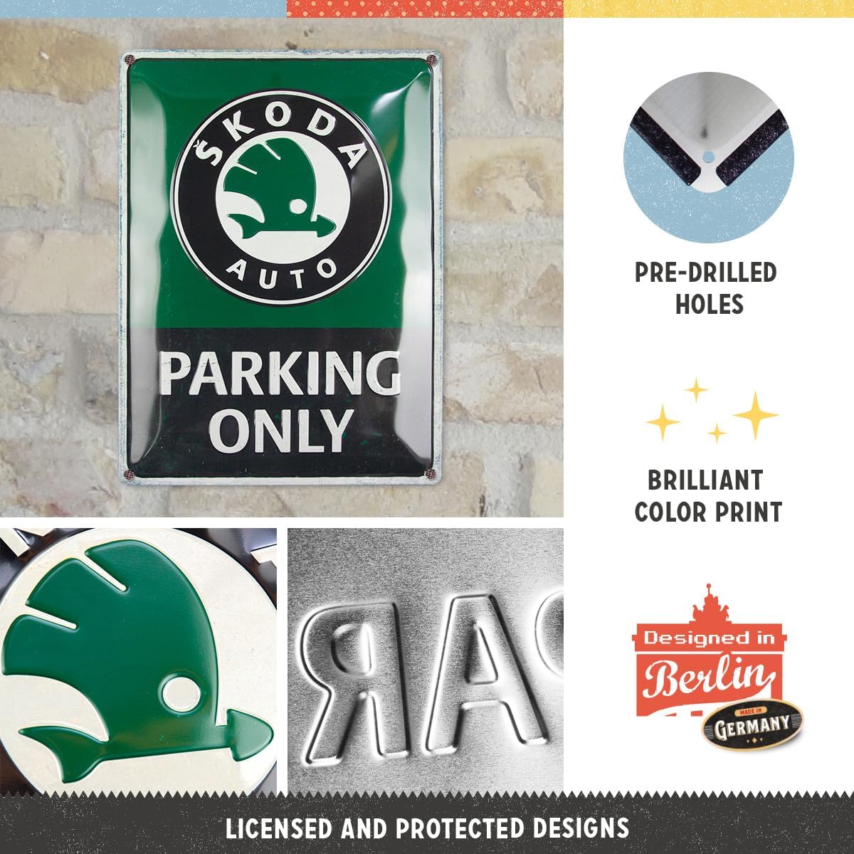 Nostalgic-Art Retro Tin Sign, 30 x 40 cm, Skoda - Parking Only - Gift Idea for Skoda Accessories Fans, Original Licensed Product (OLP), Made of Metal, Vintage Design, Tin Signs Sayings