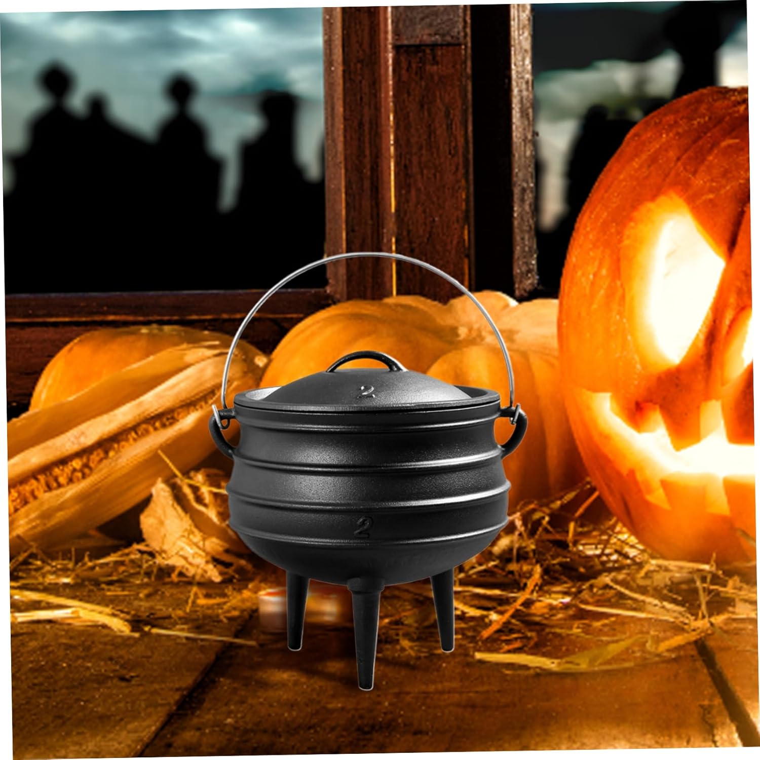 Cauldron 3L Witches Cauldron with Lid and Handle Camping Pot Cookware Dutch Oven with 3 Long Legs Cast Iron Simmer Pot for Fireplace Coal Cooking Halloween Decorations Style 2