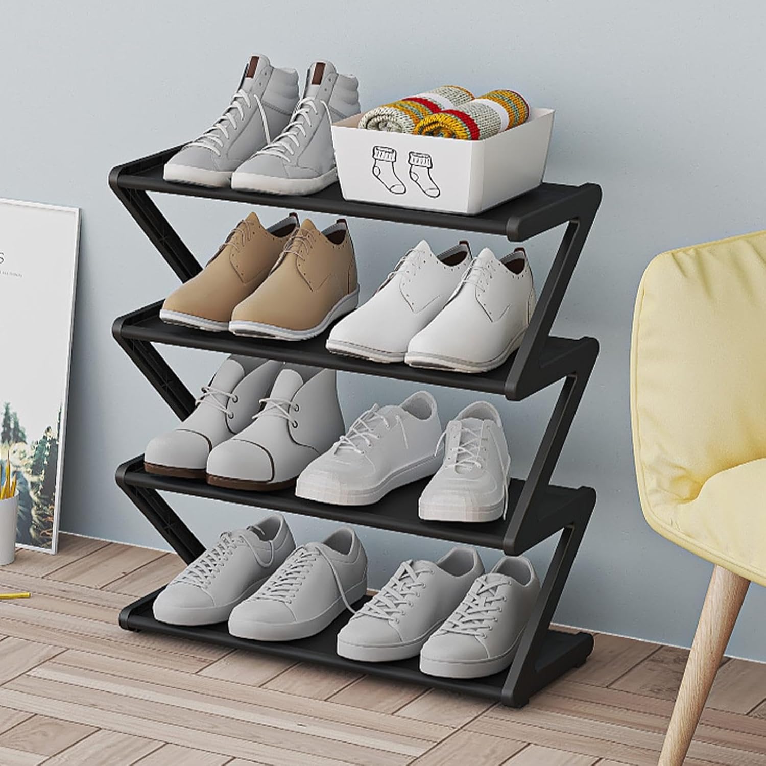 Shoe Rack, 4-Tier Shoe Rack for Small Spaces, Thickened Steel Pipe Shoe Organizer with Ventilation Design, Space Saving Entryway Storage for Hallway, Dorm, Apartment, Front Door Entrance (Black)