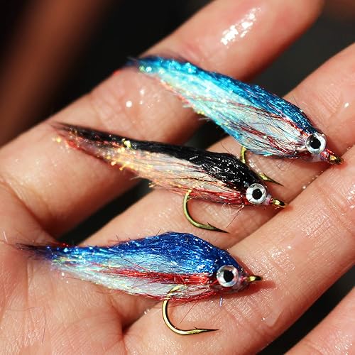 Juego de 12 señuelos de pesca con mosca de pececillo herido UV Polar Fry que se hunde lentamente, trucha de salmón, cabeza de acero, pesca con
