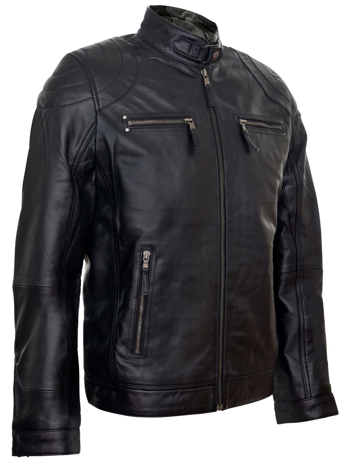 Chaqueta para Hombre 100% Cuero Genuino con Cremallera Estilo Motociclista