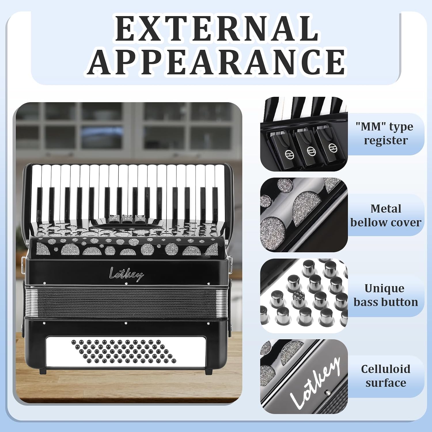 LOTKEY 34 Key Piano Accordion,60 Bass Variable Tone Portable Accordion Instrument, Handmade Premium Reed Adult Accordions with Gig Bag, Padded Shoulder Strap for Beginners, Professionals (Black)