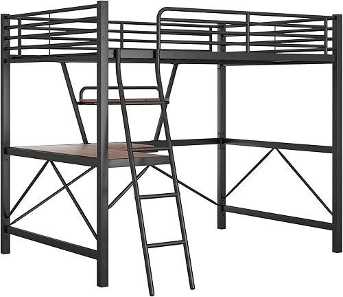 Miniatura 8 de Cama tipo loft de tamaño matrimonial con escritorio y estante de almacenamiento, cama alta de metal resistente tamaño matrimonial con escalera y