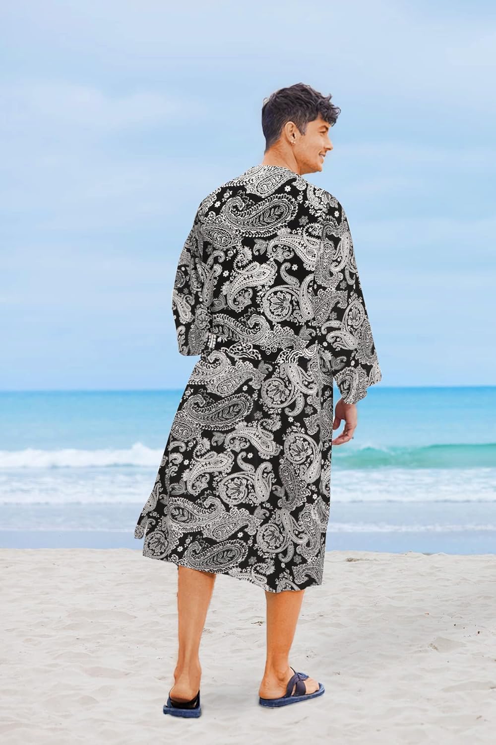 COOFANDY Men Lightweight 2 Piece Kimono Robe with Shorts Japanese Robes Casual Open Front Long Cardigan With Belt - Image 3